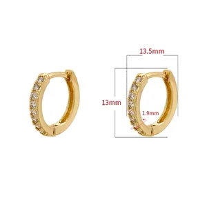 Detailed view of 13.5mm gold micro-pave hoop earrings with cubic zirconia and size specs