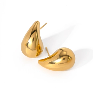 Close-up of polished 18k gold teardrop earrings with a smooth metallic finish on white