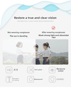 Infographie montrant la protection UV400, la vision HD et l'anti-éblouissement pour enfants