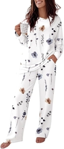Full view of floral print knit pajama set with long sleeves and side pocket detail