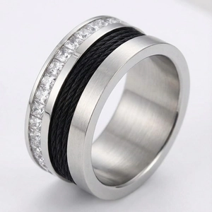 Vintage Roman numeral steel wire ring with black weaving and square cubic zirconia stones