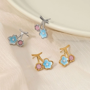 Elegant cherry flower stud earrings in gold and silver with pink crystals and pearls
