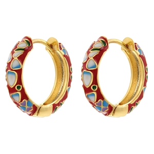 Detail of colorful enamel flower earrings with gold plating and intricate floral patterns
