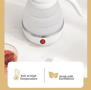 Detail view of foldable silicone electric kettle with stainless steel base and power switch