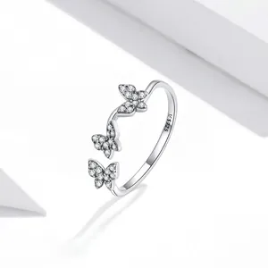 Elegant S925 sterling silver open ring with three sparkling butterfly cubic zirconia