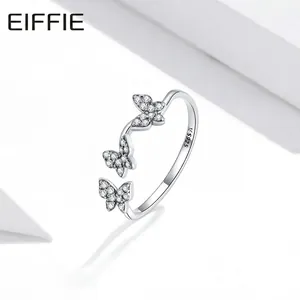 Elegant S925 sterling silver open ring with three sparkling butterfly cubic zirconia