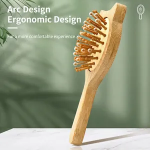 Cat-shaped bamboo scalp massage hairbrush with ergonomic curved handle design