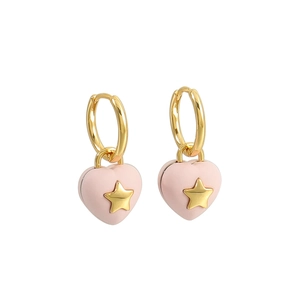 Pink heart drop earrings with gold stars in brass plating, shown on white background