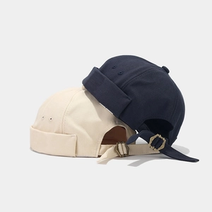 Minimalist cotton brimless docker caps with adjustable metal buckles in beige and navy