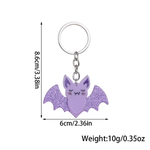 Detailed dimensions of purple glitter bat acrylic keychain with metal ring and chain