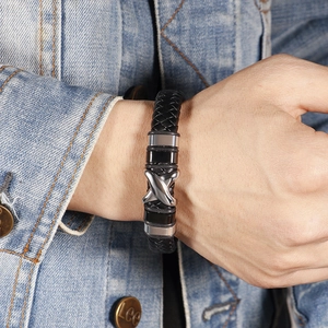 Men's retro black braided leather bracelet with silver X-shaped stainless steel buckle