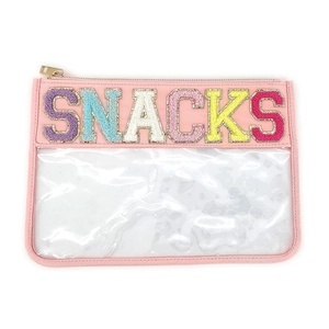 Pink waterproof PVC travel toiletry bag with SNACKS glitter letter embroidery