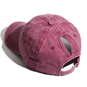 Washed cotton high ponytail baseball cap in burgundy red for outdoor sports women