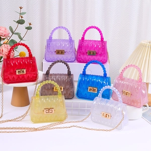 Mini transparent PVC leaf pattern jelly bag with gold chain and top handle in various colors