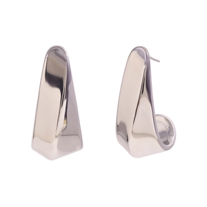 Modern minimalist silver geometric hollow earrings with polished finish on white background