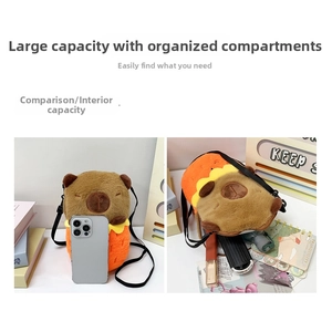 Detailed view of Capybara plush bag showing internal capacity and size comparison