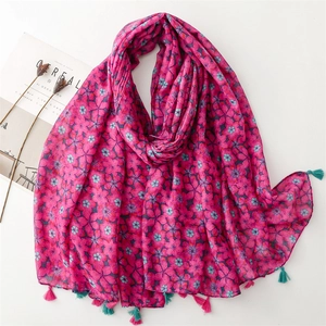 Women Floral Print Scarf Shawl National Style Polyester Voile Wrap Tassels Beach Sunshade Magenta Travel Accessories