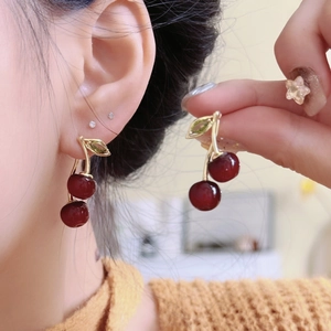 Cherry Pendant Stud Earrings With Zircon Leaf And Resin Fruit Alloy Jewelry Silver Earring Post For Women Sweet Style