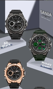 Detail of SANDA 6008 dual display sports watch with 50M waterproof rating and black band