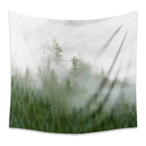 Detailed view of forest pine tree tapestry with misty green aesthetic for home wall decor