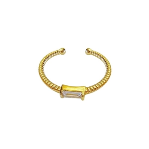 Minimalist S925 silver open ring with gold twisted band and rectangle zircon stone