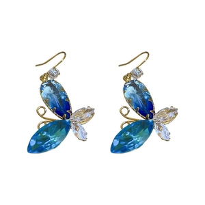 Elegant gold butterfly earrings with blue crystals and pearls for women's fashion