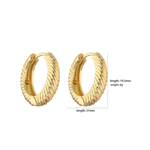 Detailed view of twisted gold hoop earrings with dimensions 19.5mm height and 21mm width
