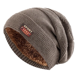 Men Winter Beanie Hat Warm Knitted Cap With Thick Plush Lining Outdoor Sport Casual Solid Color Polyester