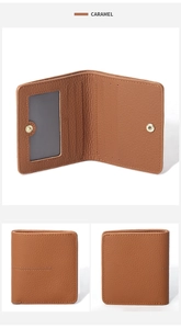 Detailed view of caramel leather wallet interior featuring card slots and ID window