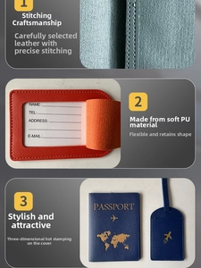Detail of PU leather luggage tag and passport holder showing fine stitching and heat-pressed map