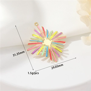 Detailed view of enamel sun pendant with exact dimensions 31.35mm by 29.05mm