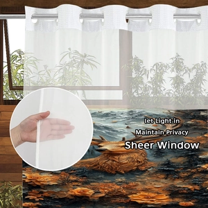 Sheer window curtain with elk and mountain print, featuring silver metal grommets
