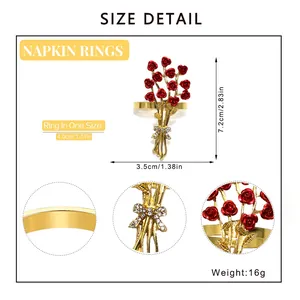 Detailed size chart for rose napkin ring with dimensions and macro view of rhinestones