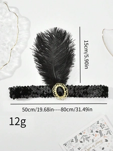 Detail showing 15cm black feather height and 50-80cm stretchable sequin headband size