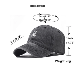 Detailed dimensions of gray washed denim baseball cap with white spider embroidery