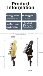 Detailed size specifications for a 3-piece creative guitar head resin wall hook set