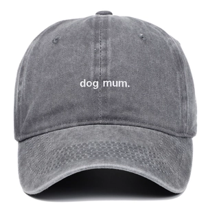 Vintage washed charcoal cotton baseball cap featuring white Dog Mum embroidery text