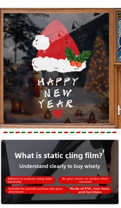 Close-up of PVC Christmas window decals featuring static cling Santa hats and New Year text