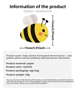 Detail view of bee theme party banner showing 15cm paper cutouts and product dimensions