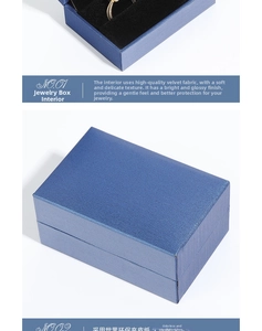 Detail of navy blue leatherette jewelry box with velvet lining and textured exterior