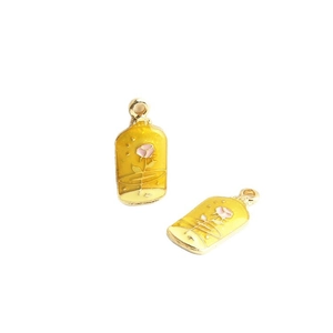 Vintage rose perfume bottle pendant earrings with yellow enamel and golden alloy