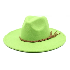 Detailed view of neon green fedora hat featuring a brown braided leather belt with tassels