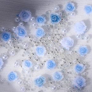 Blue resin rose charms with pearls and silver beads for DIY 3D nail art decoration