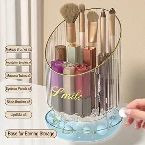 Rotating acrylic makeup brush holder with gold trim and large capacity storage for brushes