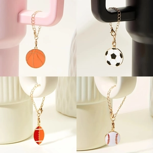 Sports ball charms with gold chains for 10mm straw caps featuring basketball and soccer