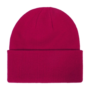 Detailed front view of a vibrant magenta knitted beanie for winter outdoor warmth