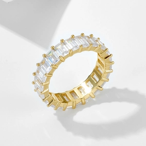 Hypoallergenic 925 sterling silver gold plated ring with rectangular cubic zirconia stones