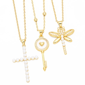 Gold Plated Brass Pendant Necklace Imitation Artificial Pearl Zircon Dainty Clavicle Chain Cross Heart Key Dragonfly Elegant Women Jewelry