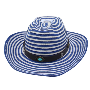 Blue and white striped woven jazz straw hat with turquoise beaded leather band decoration