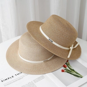 Elegant Women Raffia Straw Boater Hat Ribbon Bow Sun Protection Hepburn Style Summer Beach Vacation Breathable